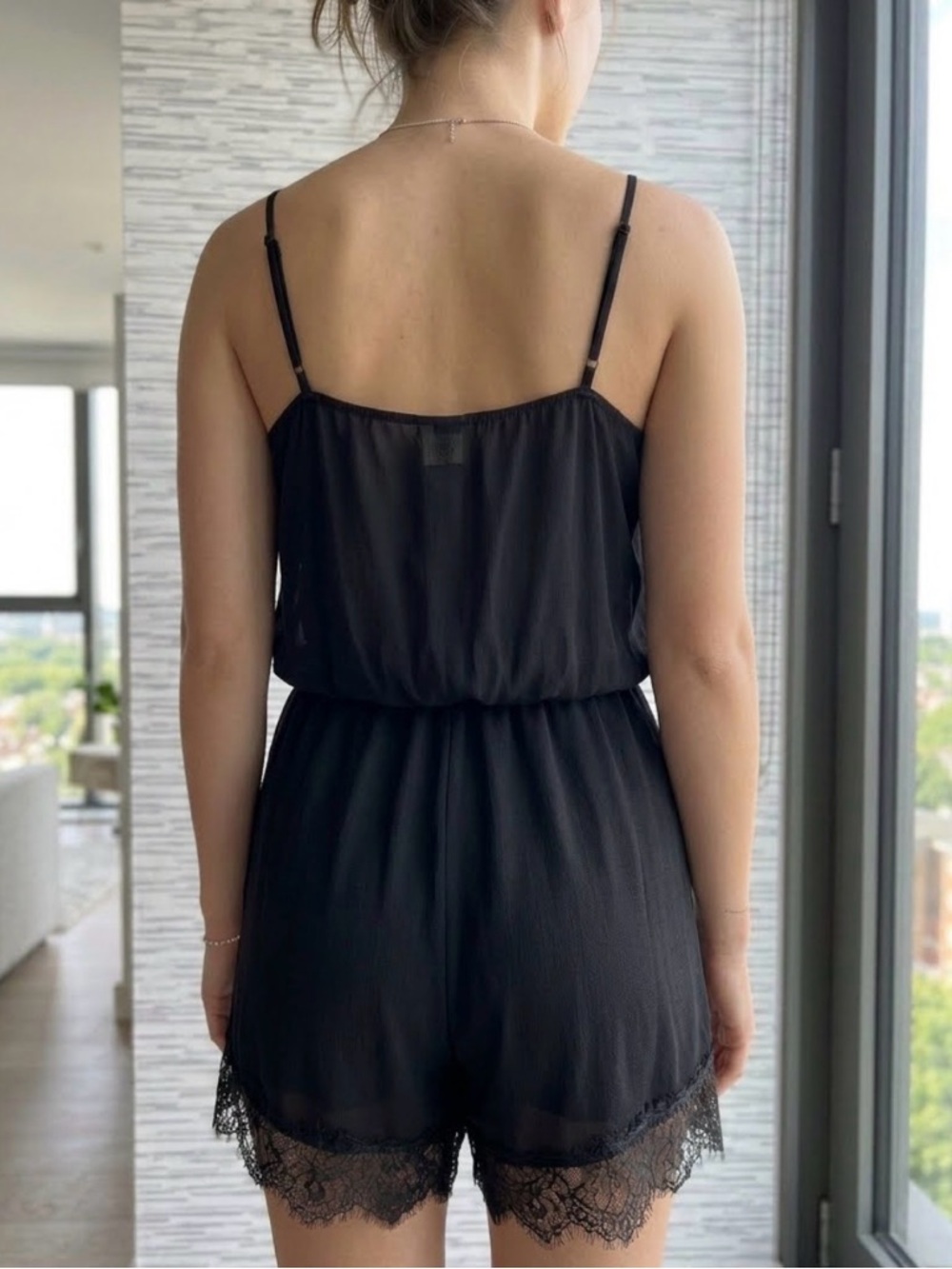 Black Sleeveless Lace-Hem Romper